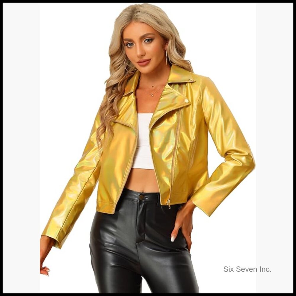 Holographic Metallic Jacket Women's Biker Shiny Pu Leather Casual